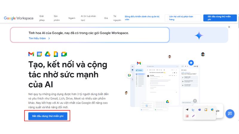 Truy cập trang đăng ký Google WorkSpace và ấn bắt đầu